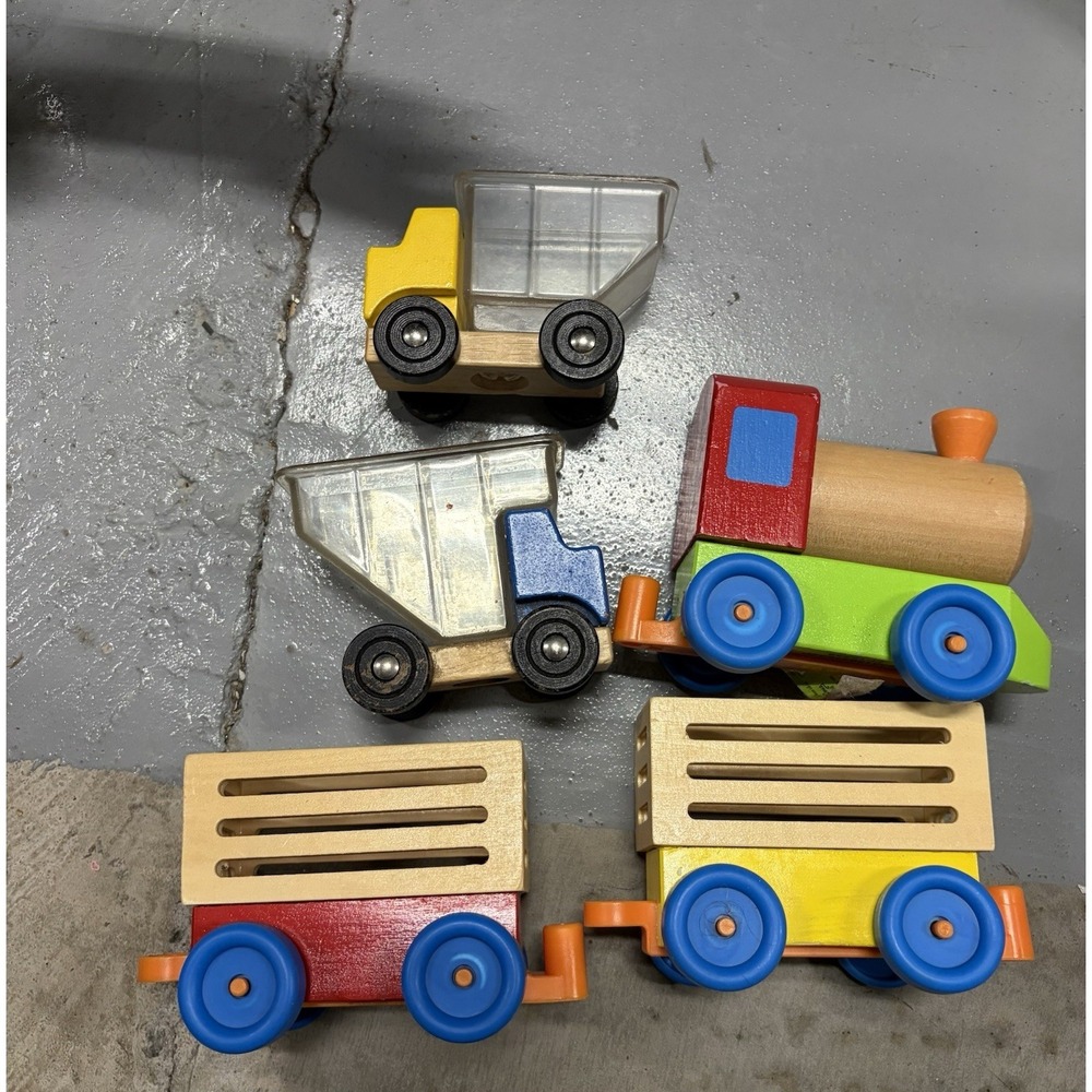Melissa & Doug Farm Train Wooden Wood Train Toy Cars And Two Dump Trucks